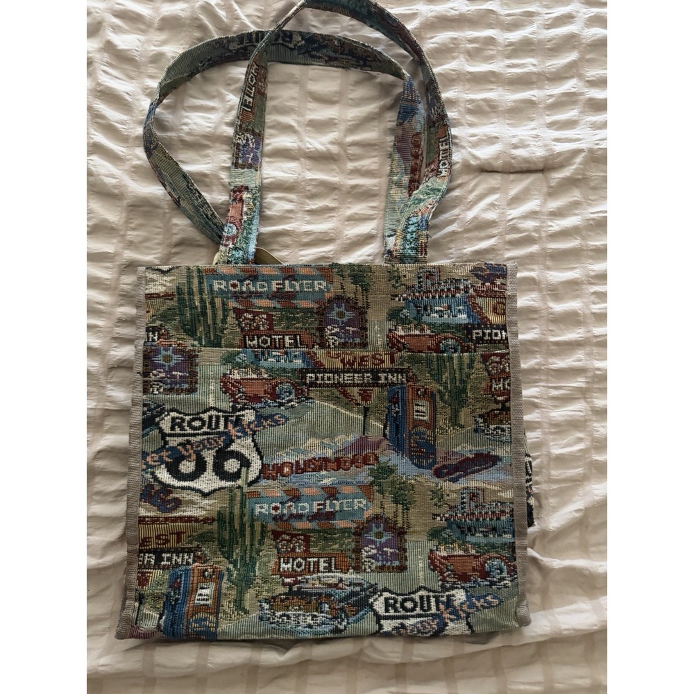 Vintage‎ Tapestry Carpet Purse Bag Route 66 Jade 12X12 Zip Pockets